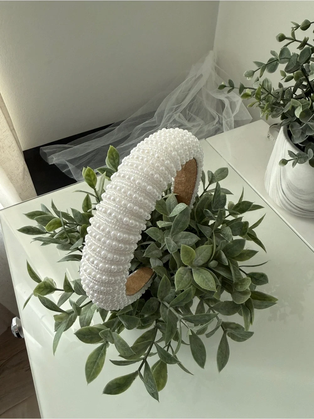 White Beaded Pearl Headband with Veil